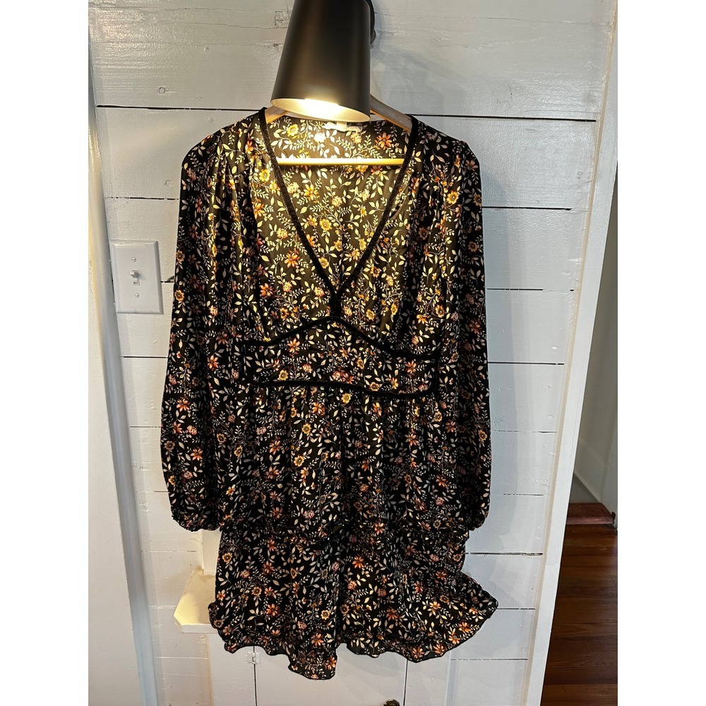 Bailey Blue Womens Black Floral V-Neck Tiered Mini Dress Long Sleeve Size L